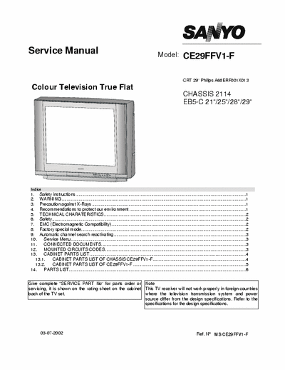 Sanyo CE29FFV1, CE29FFV1-F Service manual with schematic for CE29FFV1 & CE29FFV1-F. CRT-specific B1 voltage pages not present as well as some other pages. Same as CE29FFV2 but some part values, codes & schematic voltages different.